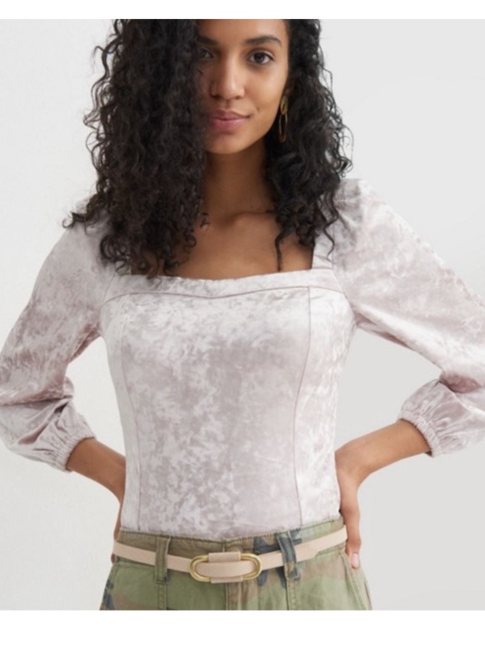 Anthropologie Jessima Velvet Square Neck Puff Sleeve Top Pink Medium